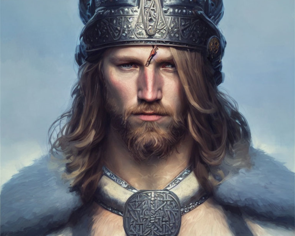 Viking warrior painting with stern expression and decorated helmet