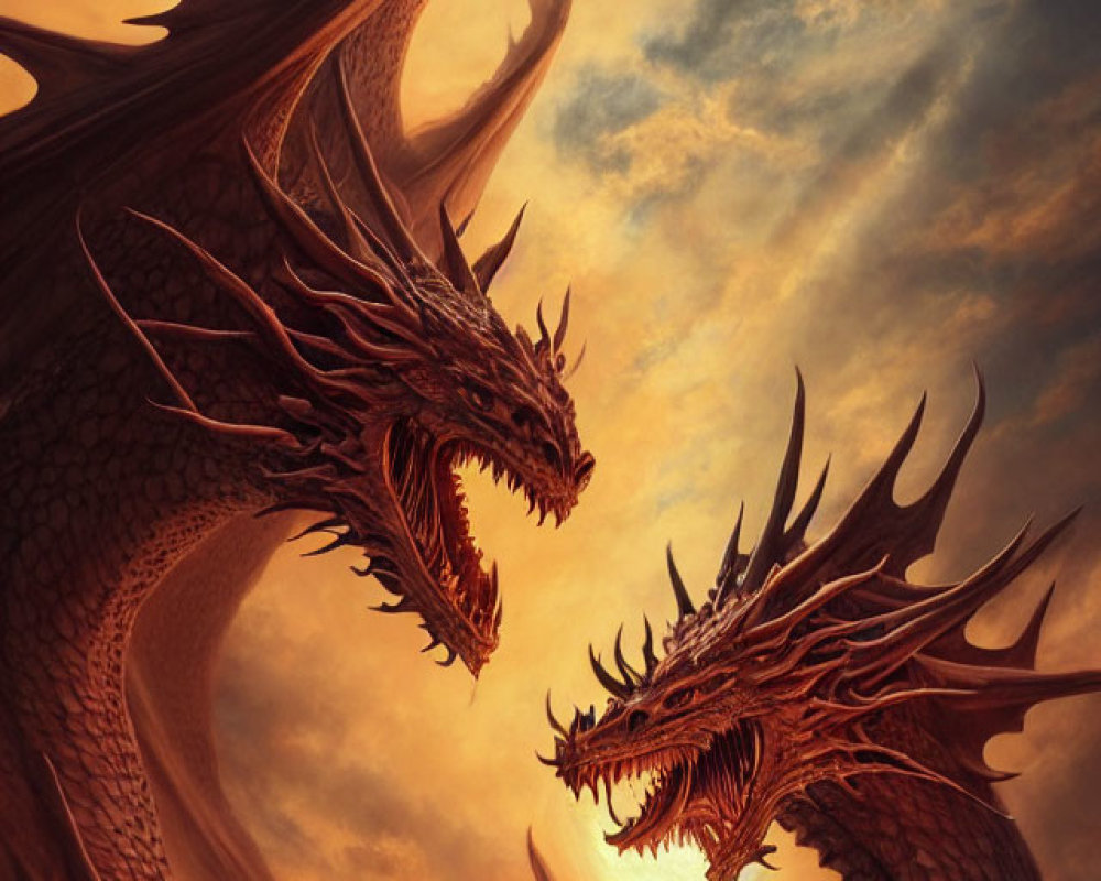 Two dragons with intricate scales and horns against a sunset sky