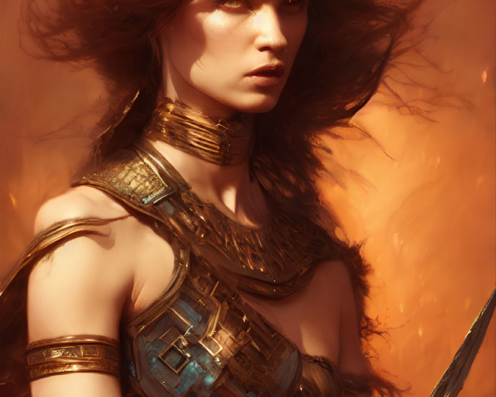 Warrior with Red Hair in Golden Armor and Sword in Ember-filled Setting