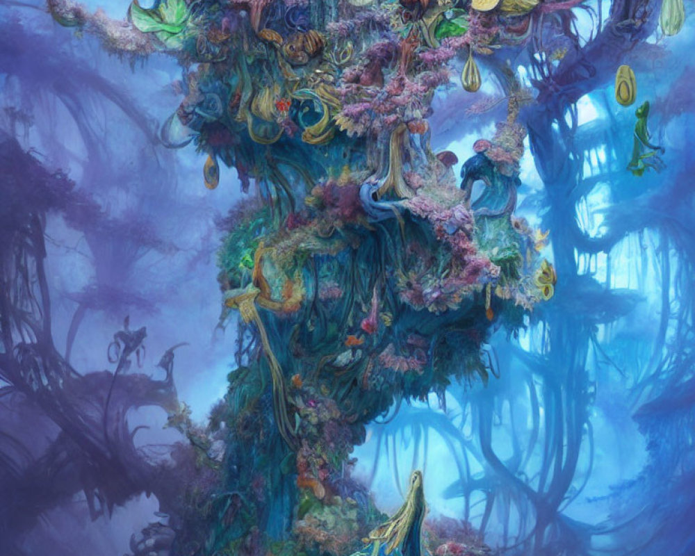 Vibrant twisted trees in an inverted forest with luminous flora against a misty blue background