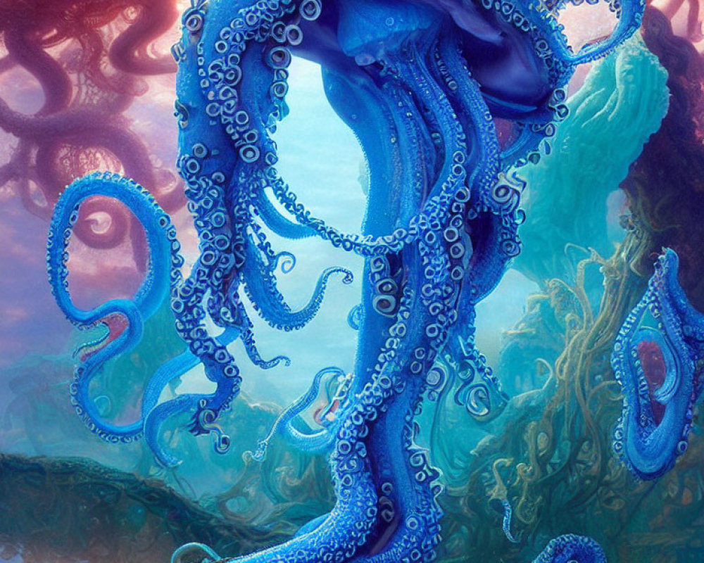 Colorful Digital Art: Blue Octopus with Intricate Patterns in Underwater Scene