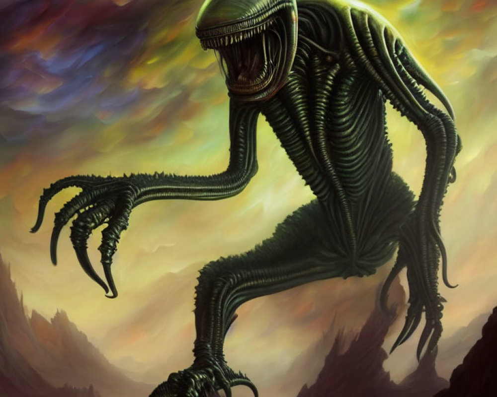Sinister alien creature in surreal landscape with colorful skies