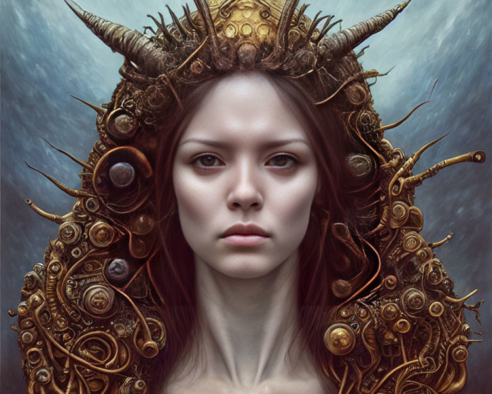 Intricate horned woman with golden mechanical details on moody backdrop
