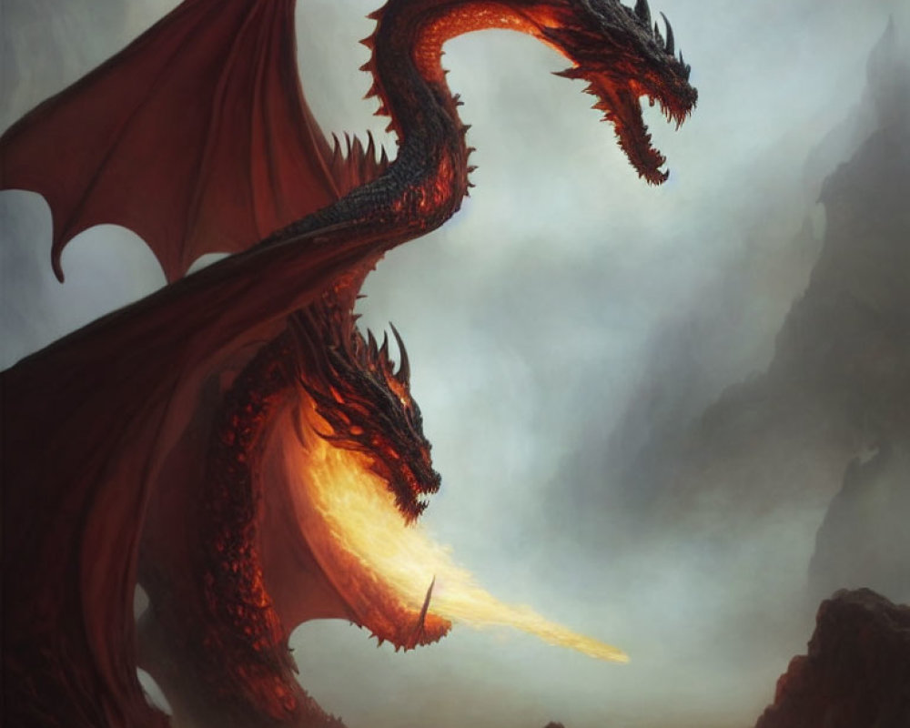 Majestic dragon breathing fire in mountainous landscape
