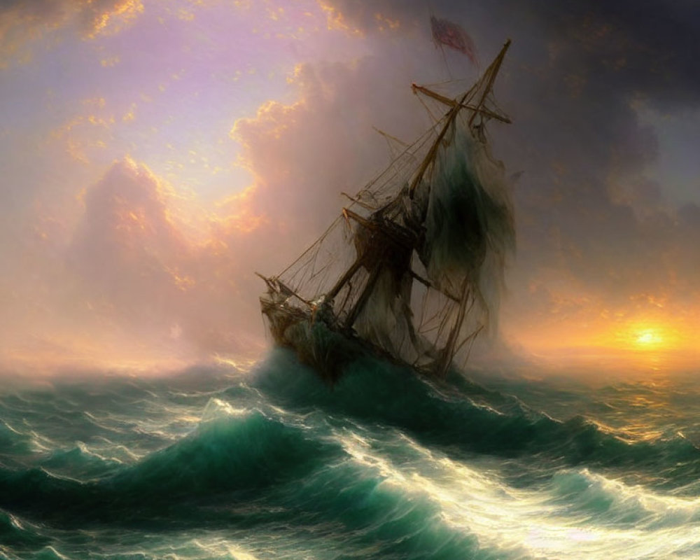 Ship battling tumultuous sea under dramatic sky with sunlight streaming through clouds.