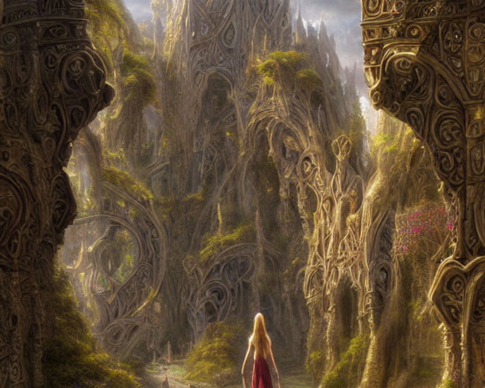 Woman in Red Dress Stands by Organic Architecture and Forest