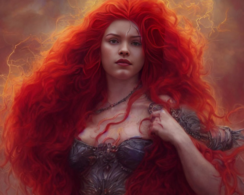 Vibrant red-haired woman in fantasy armor with mystical backdrop.