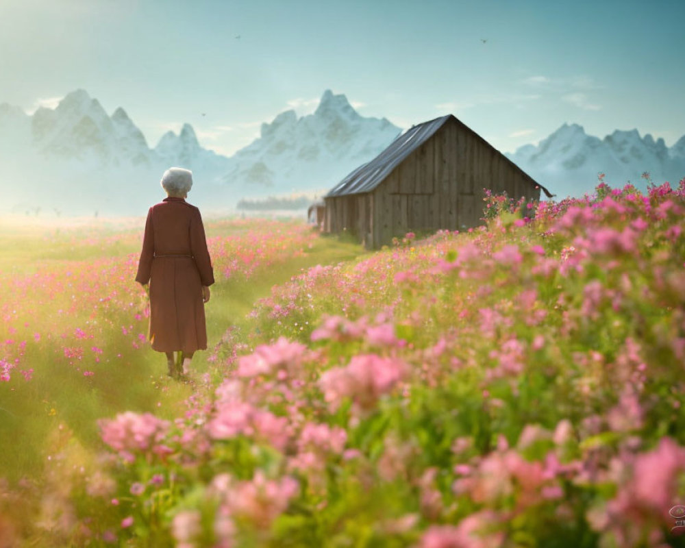 Elderly person walking in pink flower meadow towards wooden cabin in mountain landscape