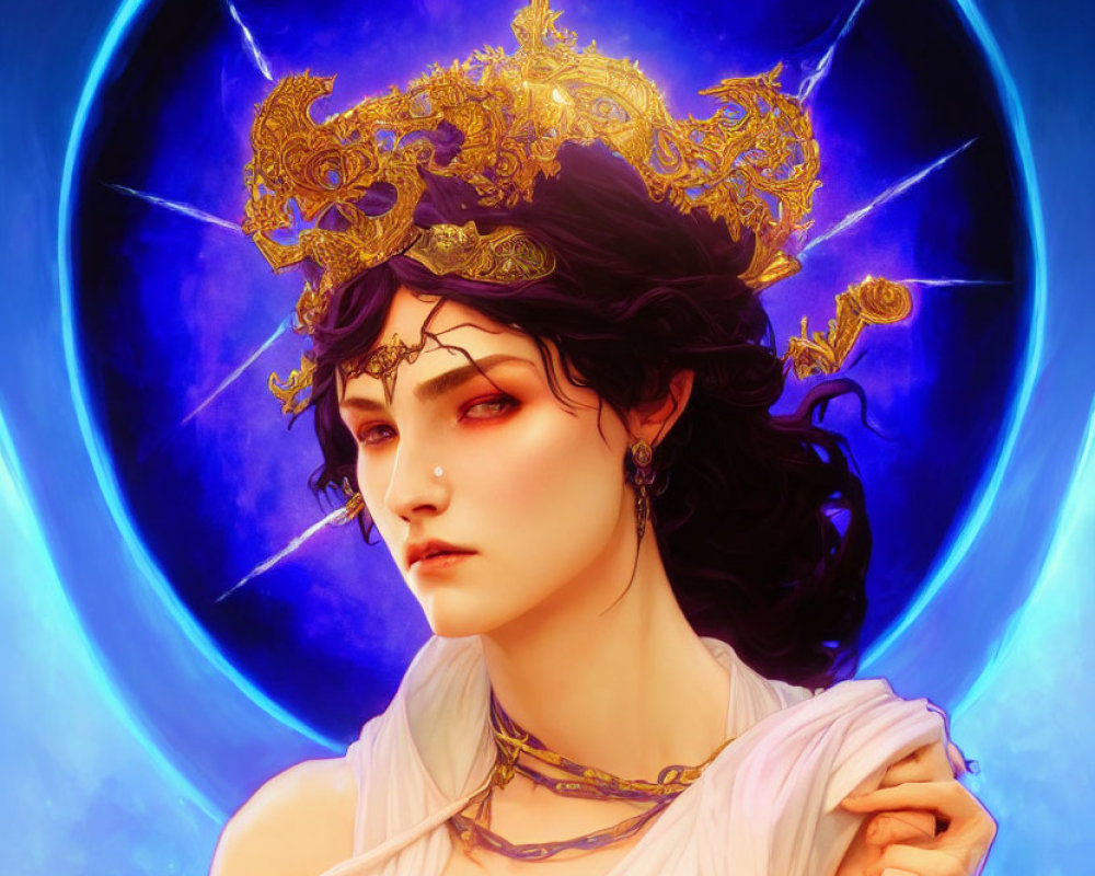 Pale-skinned woman with dark hair and red eyes wearing a gold crown and jewelry against a blue cres