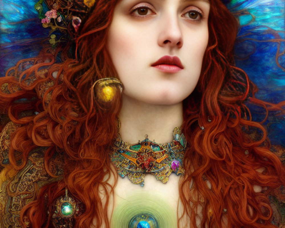 Woman with Red Hair, Intense Gaze, Ornate Jewelry, and Flowers