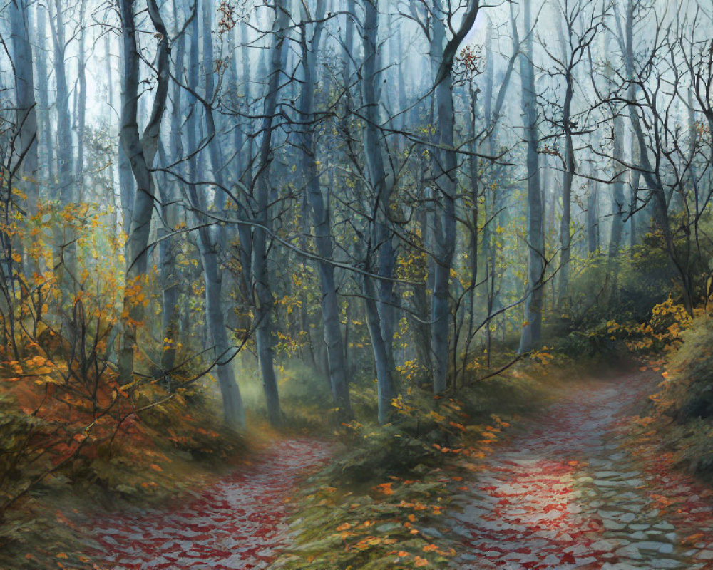 Misty Forest Scene: Winding Path, Bare Trees, Autumn Leaves