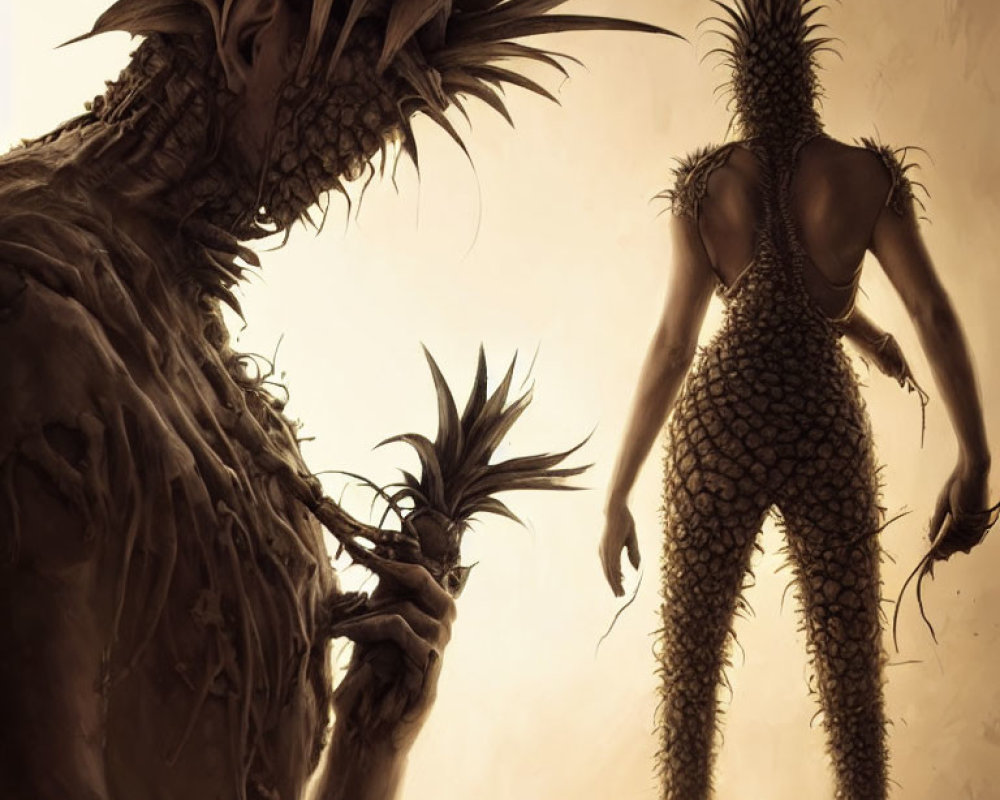 Humanoid Figures with Pineapple-Like Textures in Monochromatic Colors