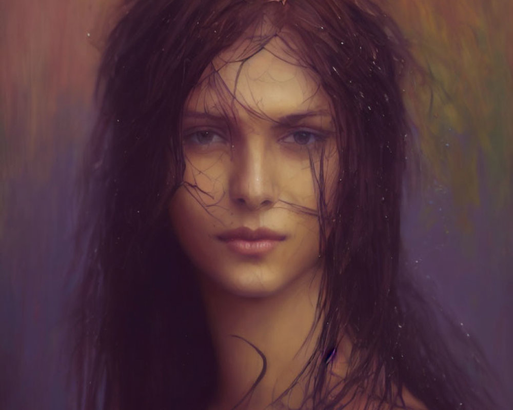 Intense gaze portrait with wet hair and blurred background
