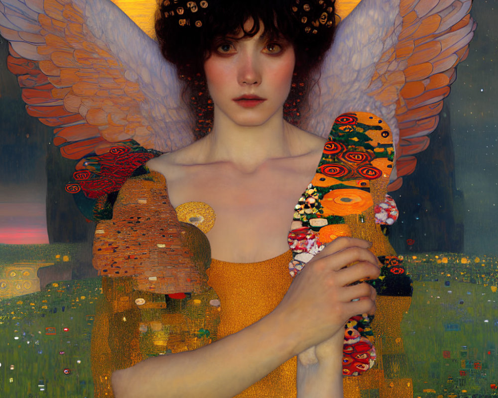 Golden-Adorned Angel Figure with Patterned Wings at Twilight