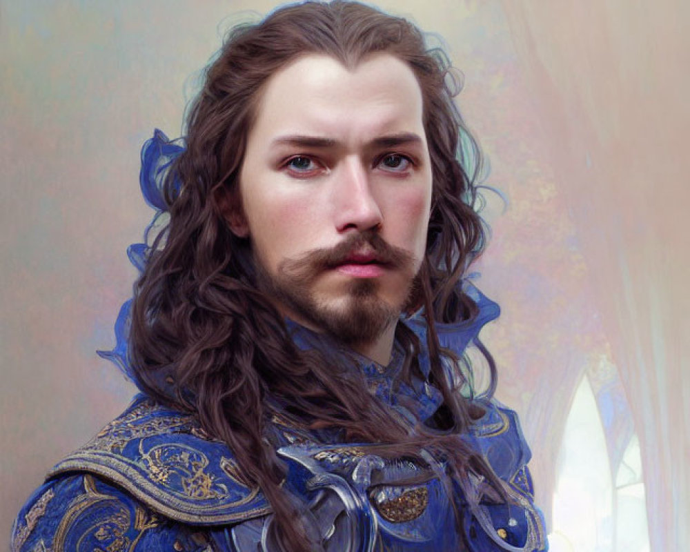 Man with Long Wavy Hair in Blue Medieval Armor