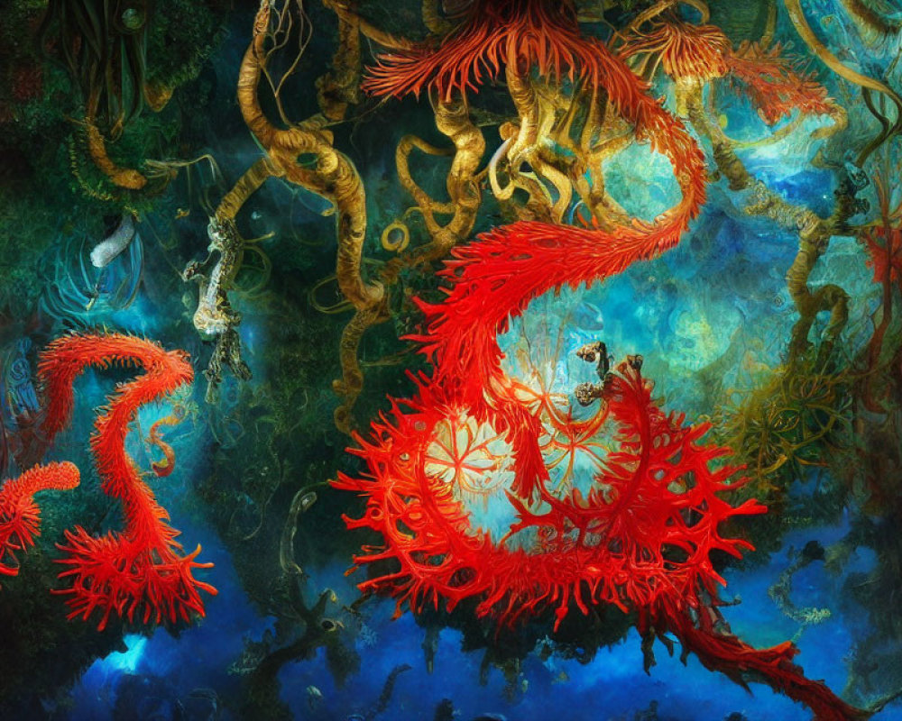 Colorful red sea creatures and dragon-like figure in mystical underwater setting.