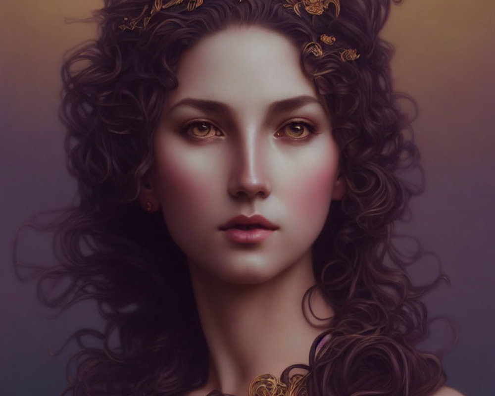Digital portrait of woman with curly hair and golden ornaments in soft lighting.
