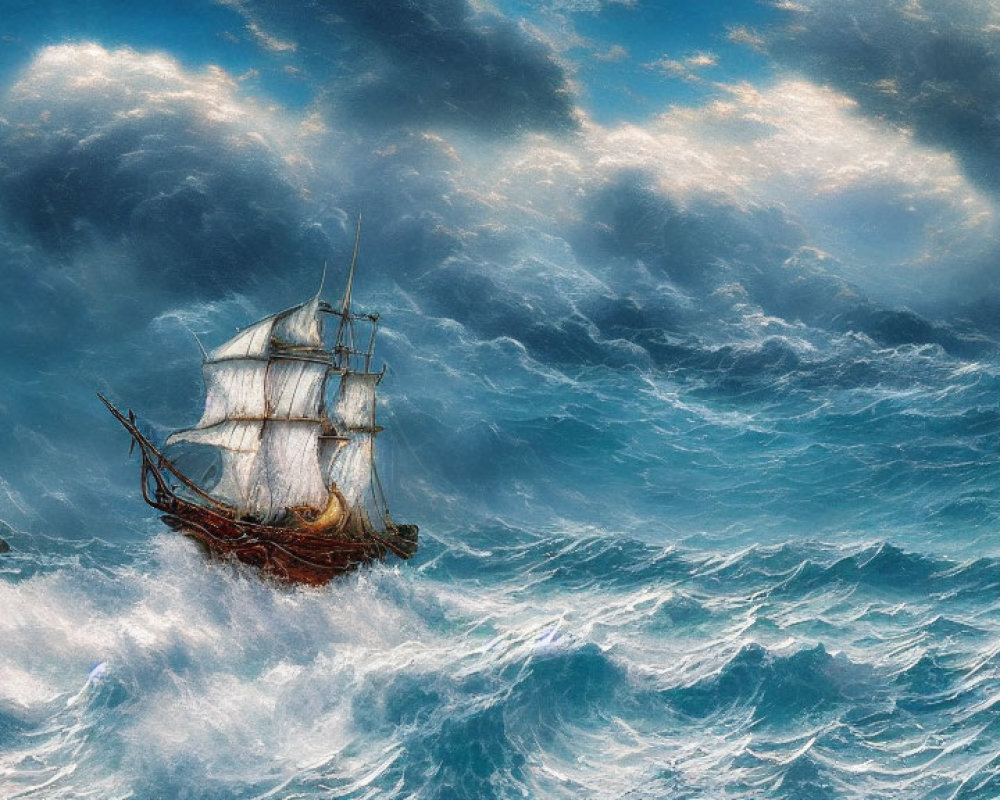 Majestic sailing ship in tumultuous sea under stormy sky