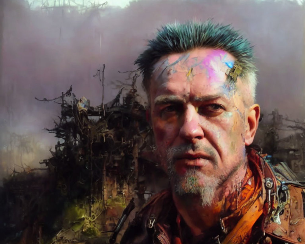 Man with Blue Mohawk and Facial Scars in Post-Apocalyptic Setting