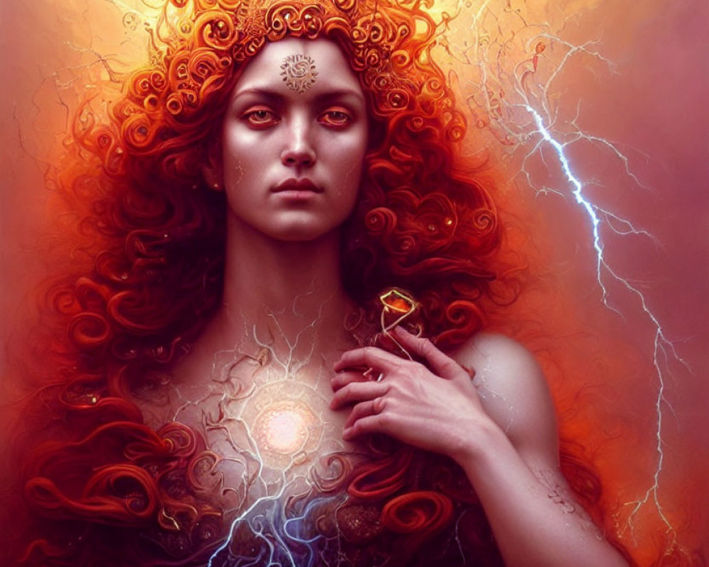 Radiant red-haired woman with decorative emblem in mystical setting