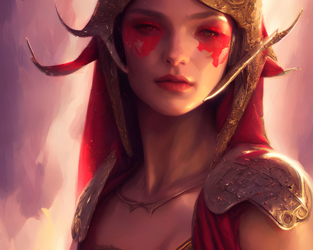 Fantasy illustration of a woman in golden armor with red face markings