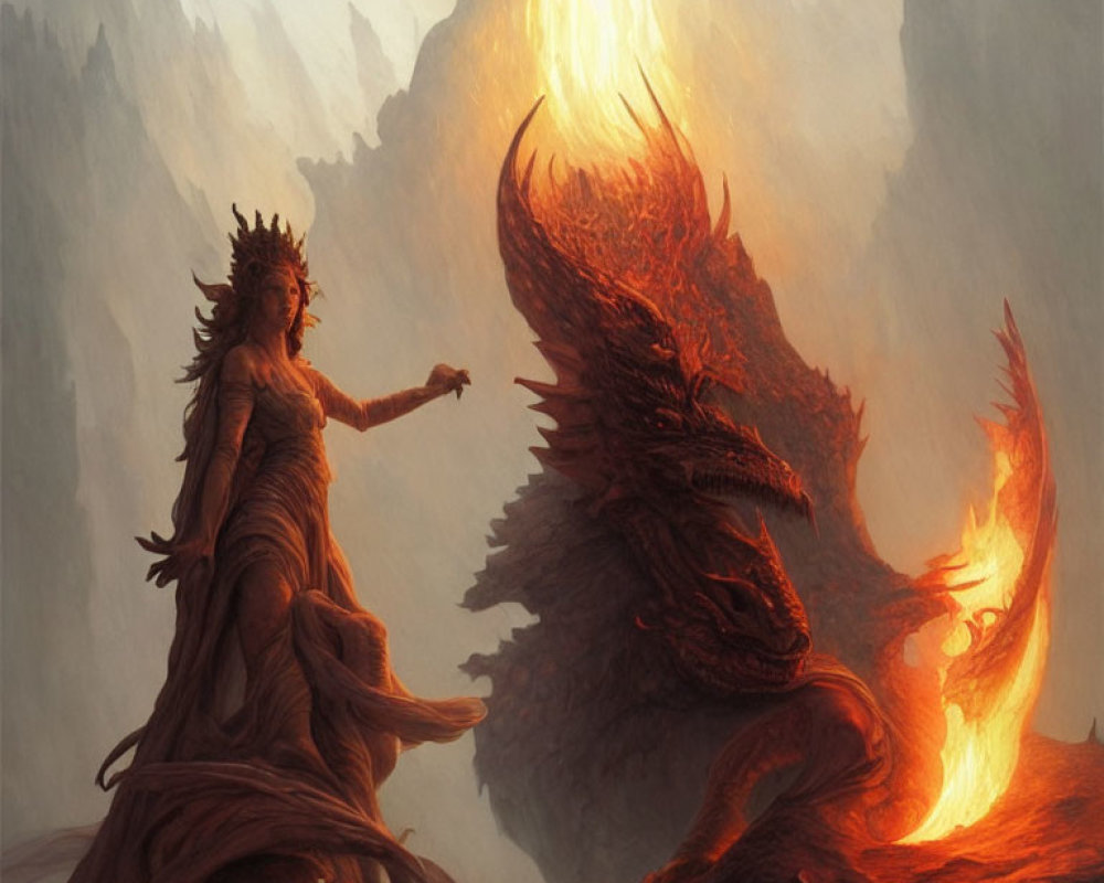Regal queen with fiery crown facing red dragon in mountainous setting
