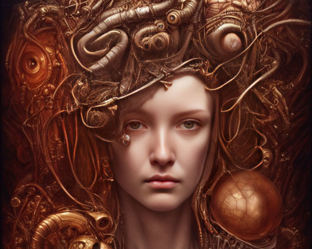 Surreal portrait of a woman with gold mechanical elements in her hair