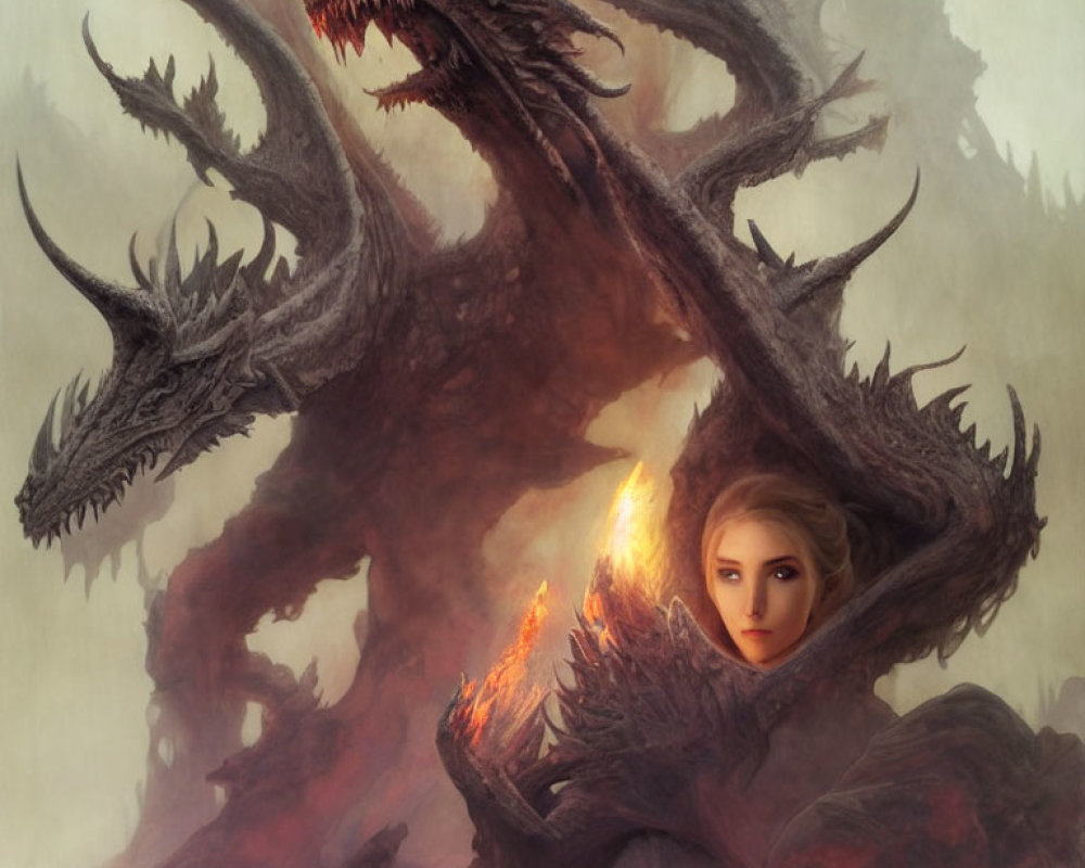 Woman with Glowing Hair Protected by Towering Dragon in Mystical Scene
