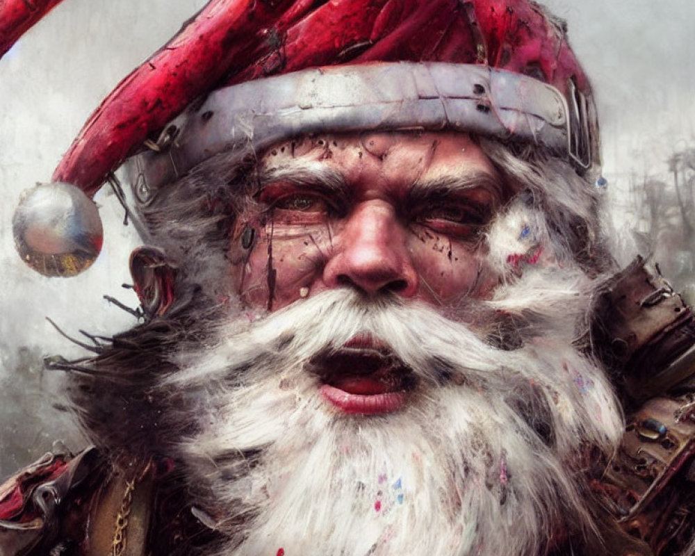 Gritty Santa Claus with battle-worn suit and helmet in foggy setting
