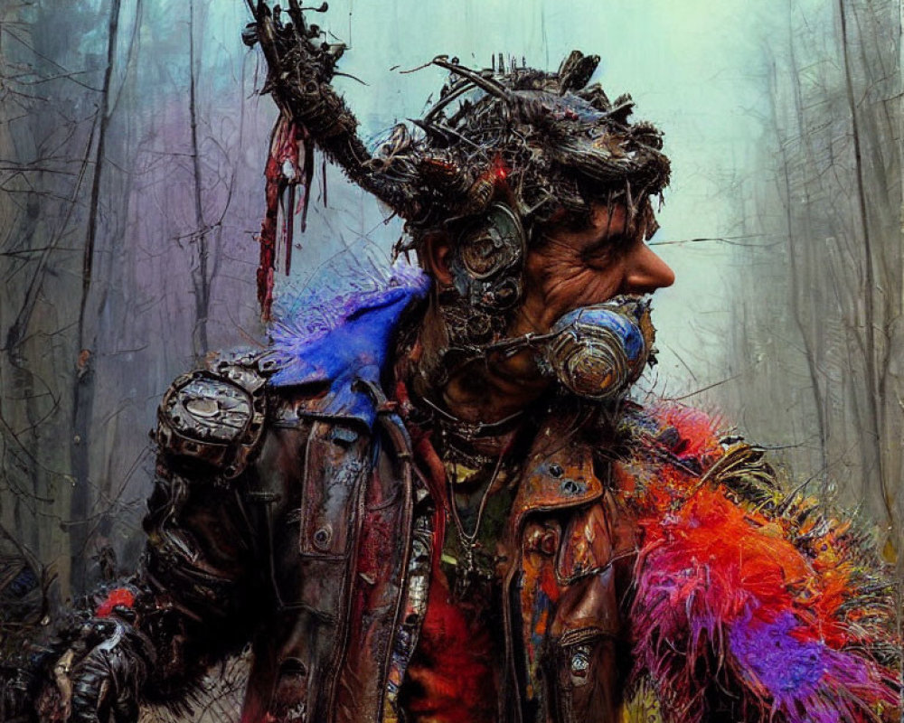 Elaborate post-apocalyptic tribal costume in misty forest