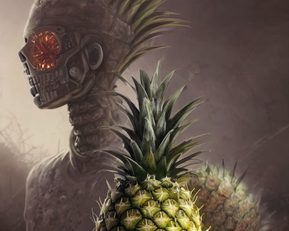 Character with Pineapple Head & Robotic Features in Mystical Foggy Setting
