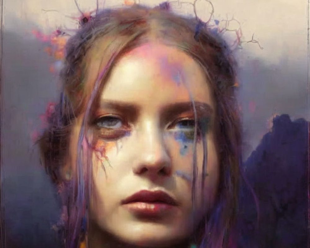 Abstract portrait of a woman with reflective gaze and colorful smudges