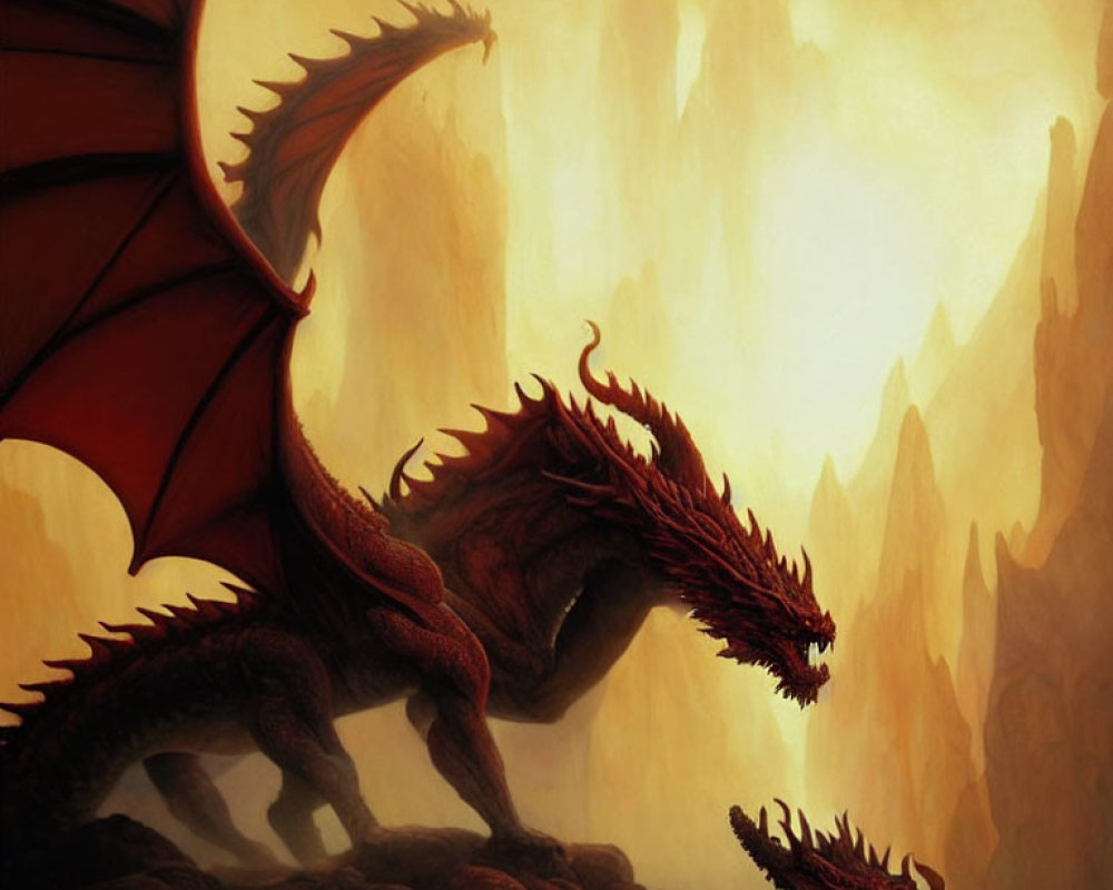 Red Dragon with Outstretched Wings on Rocky Terrain Amid Golden Flames