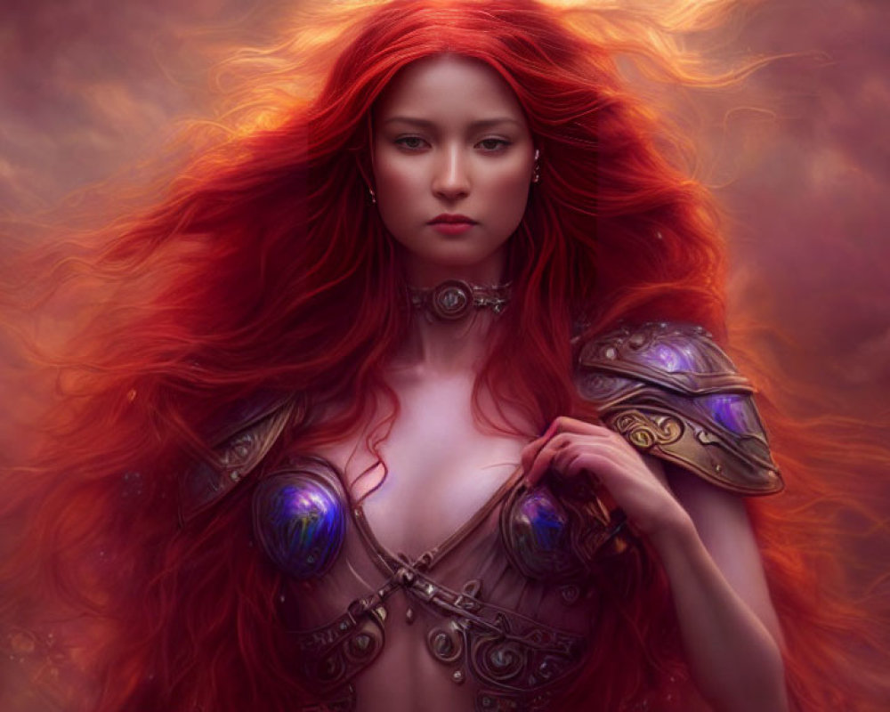 Digital artwork: Woman with red hair in fantasy armor on pink and orange cloud backdrop