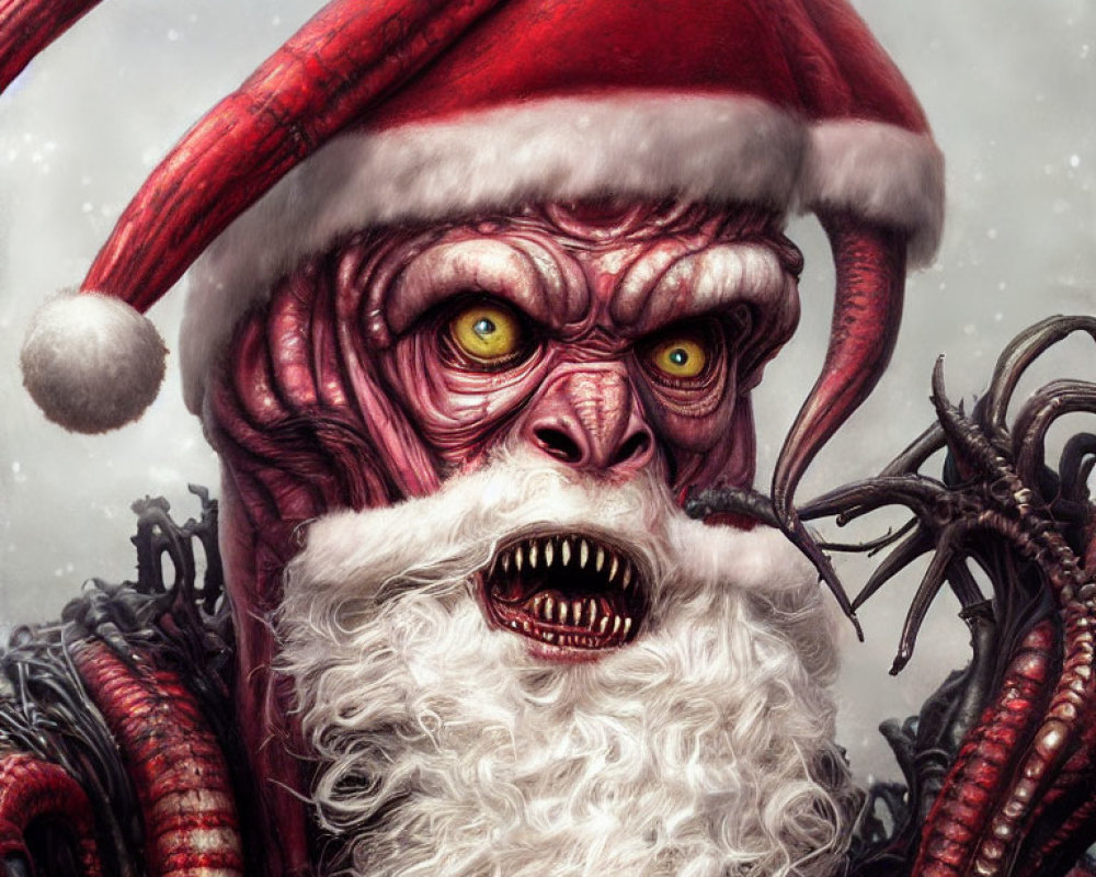 Monstrous Santa Claus with tentacles, sharp teeth, and yellow eyes