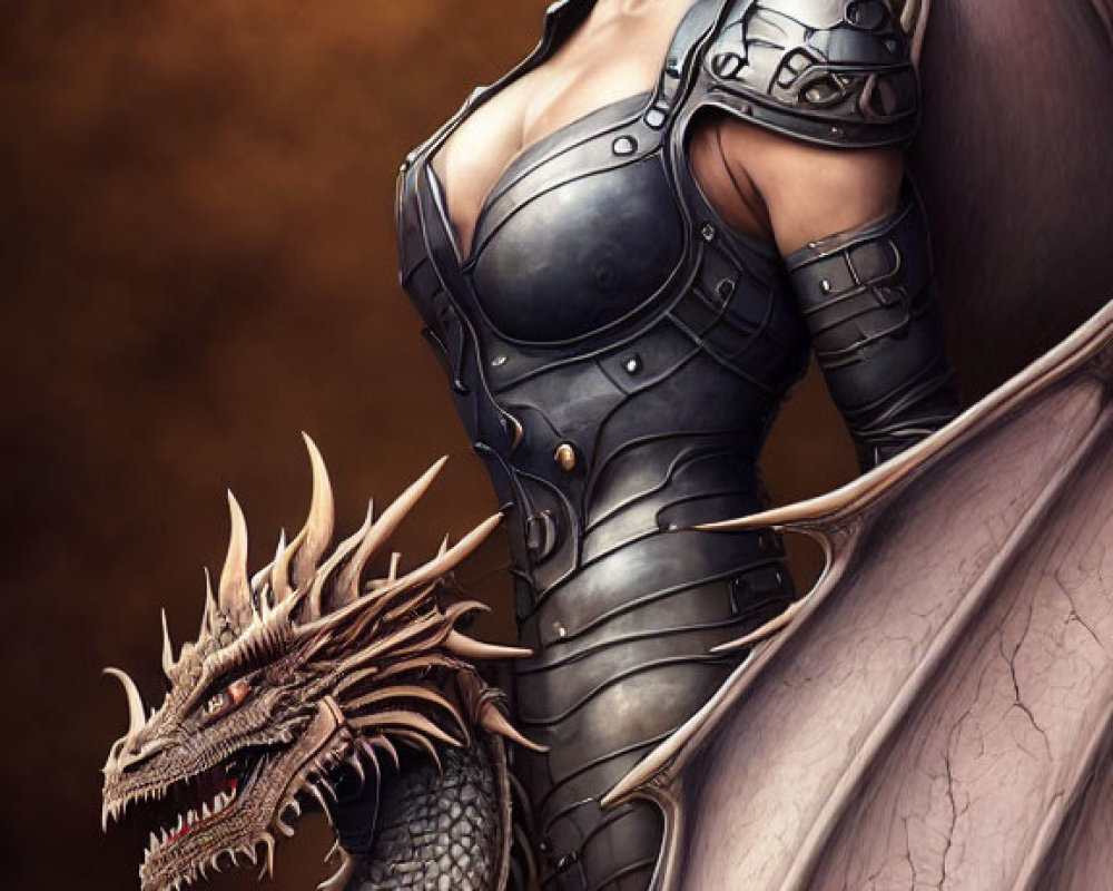 Detailed Armor Warrior Woman with Dragon in Amber Sky