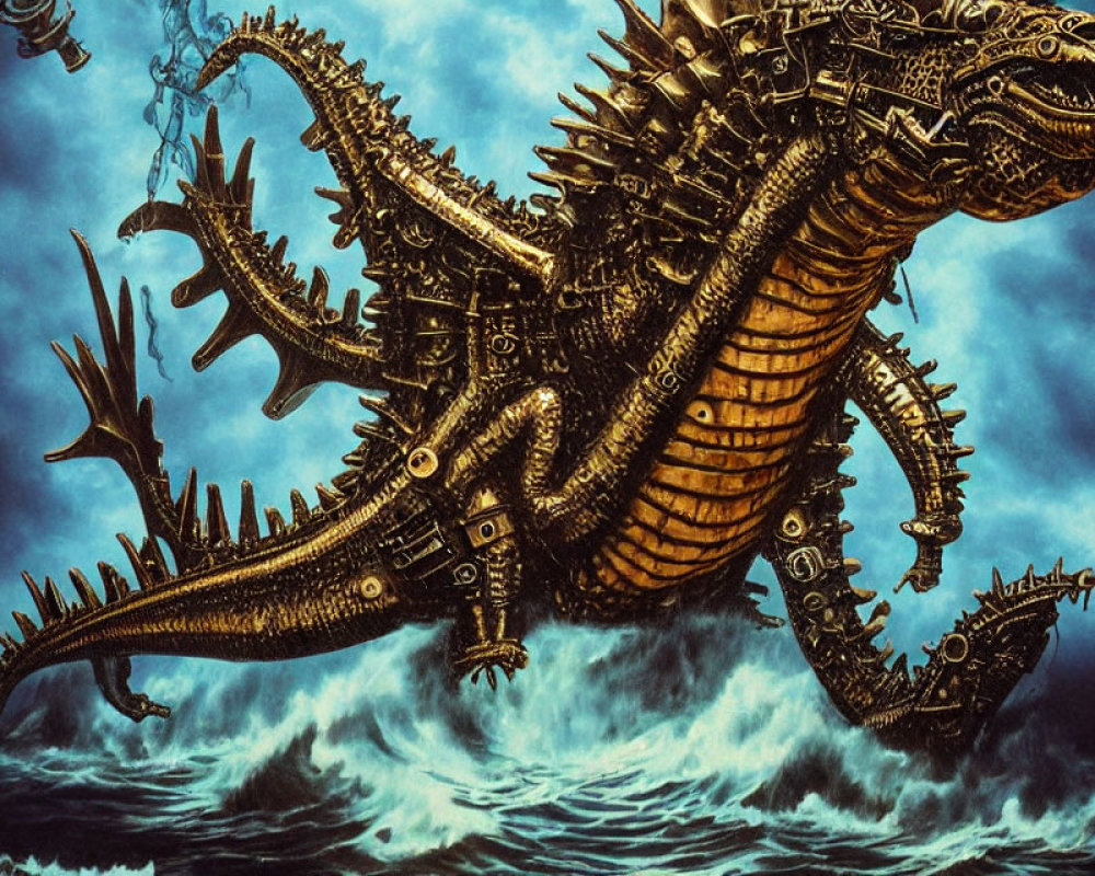 Mechanical dragon emerges from stormy sea waves
