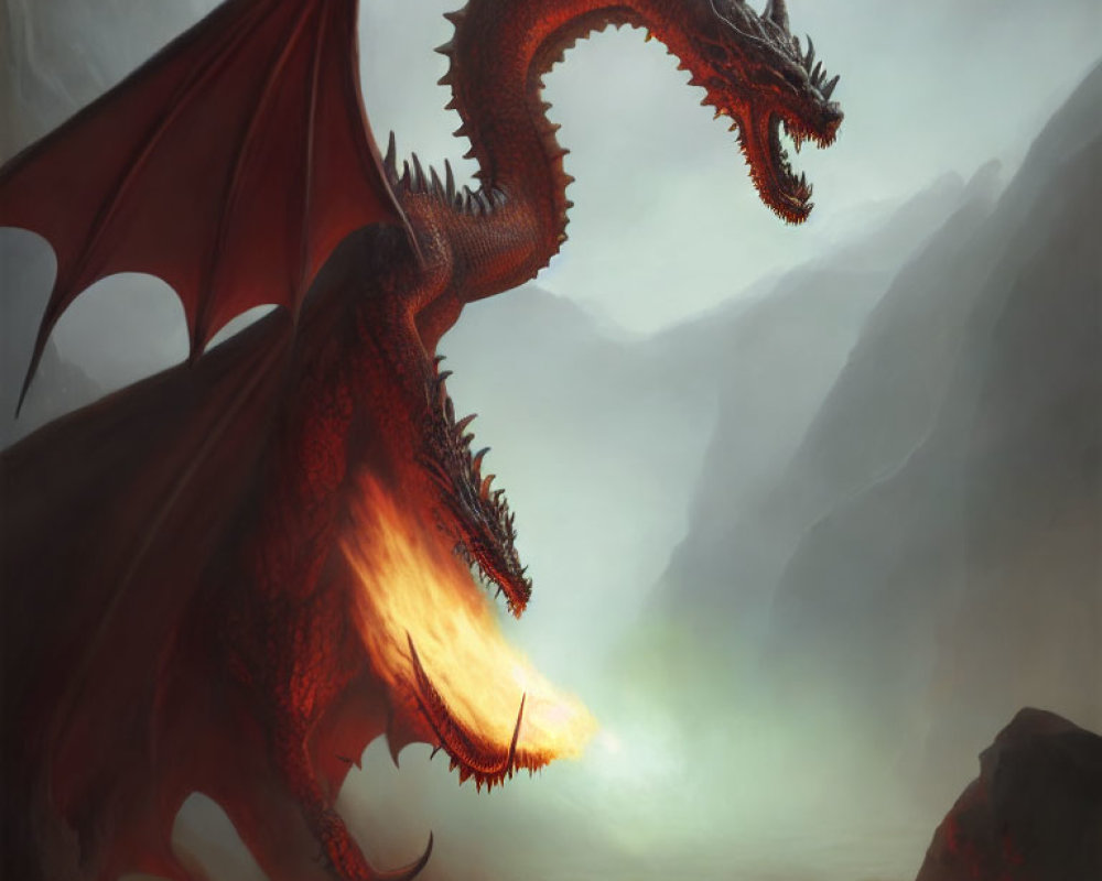 Red Dragon with Expansive Wings and Sharp Spikes in Misty Landscape