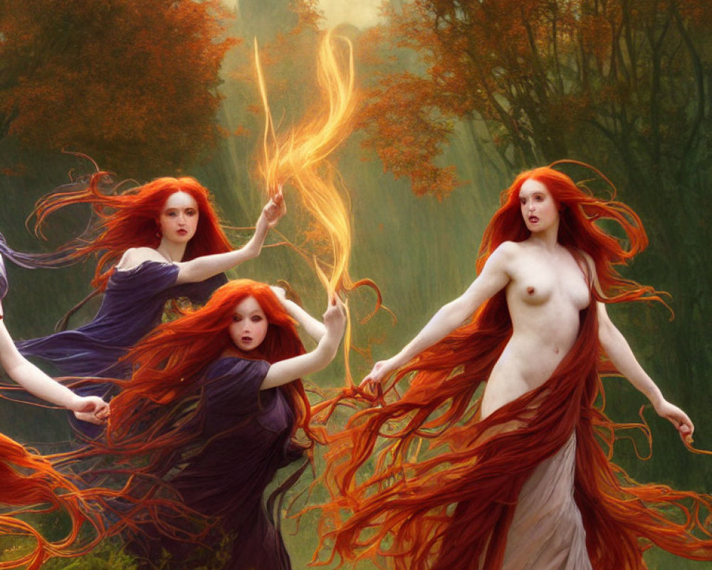Ethereal women with red hair in mystical forest with autumnal trees