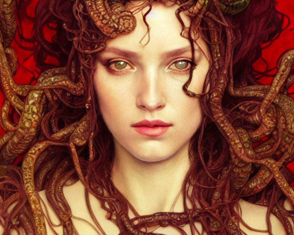 Illustration: Woman with green eyes, surrounded by serpents in her hair