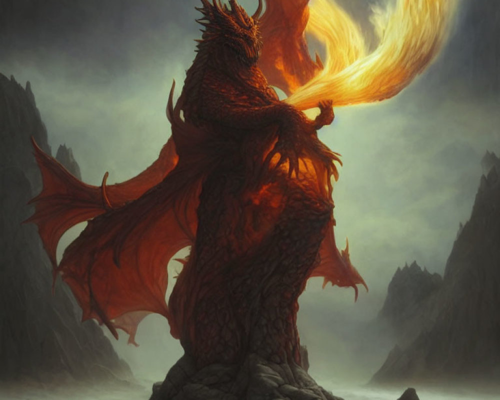 Majestic red dragon breathing fire on rocky outcrop