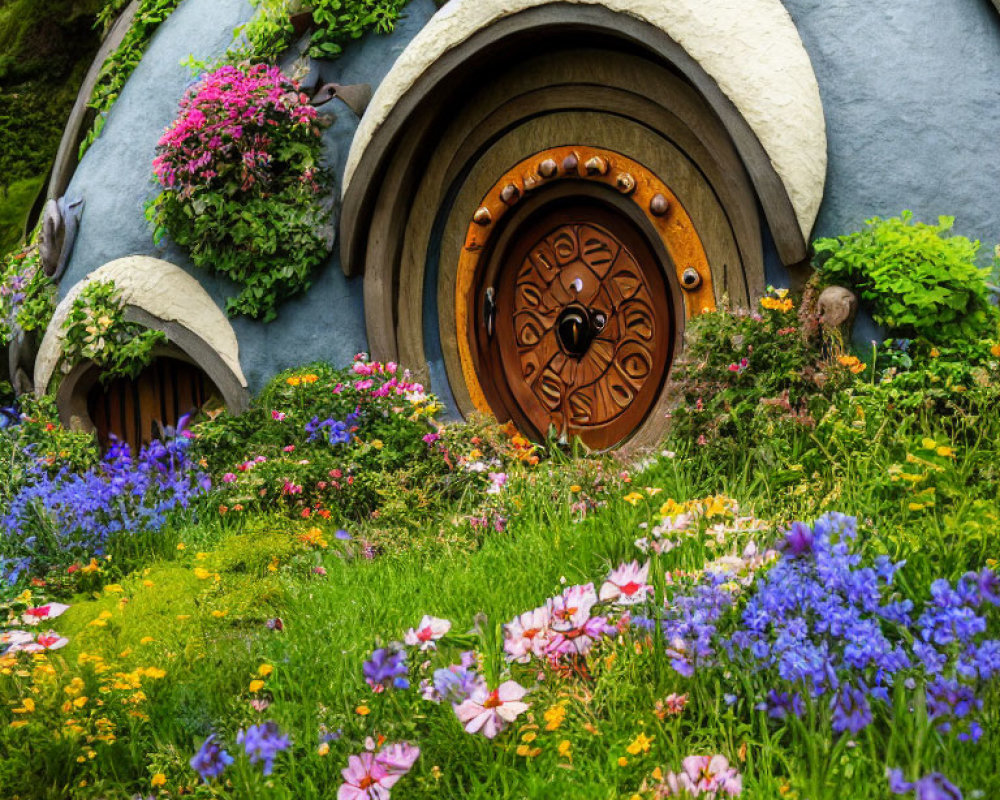 Circular hill door with flower roof in colorful garden