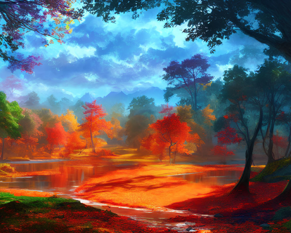 Colorful autumn forest reflecting in tranquil river under blue sky