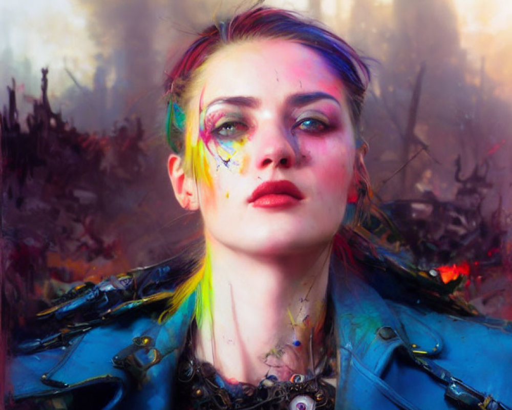 Colorful-haired woman with face paint in leather jacket against fiery background