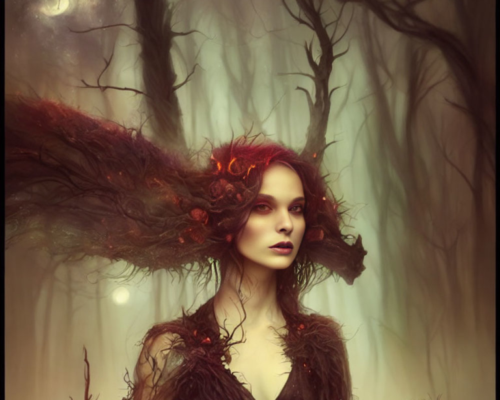 Mystical woman with red hair in foggy forest under crescent moon