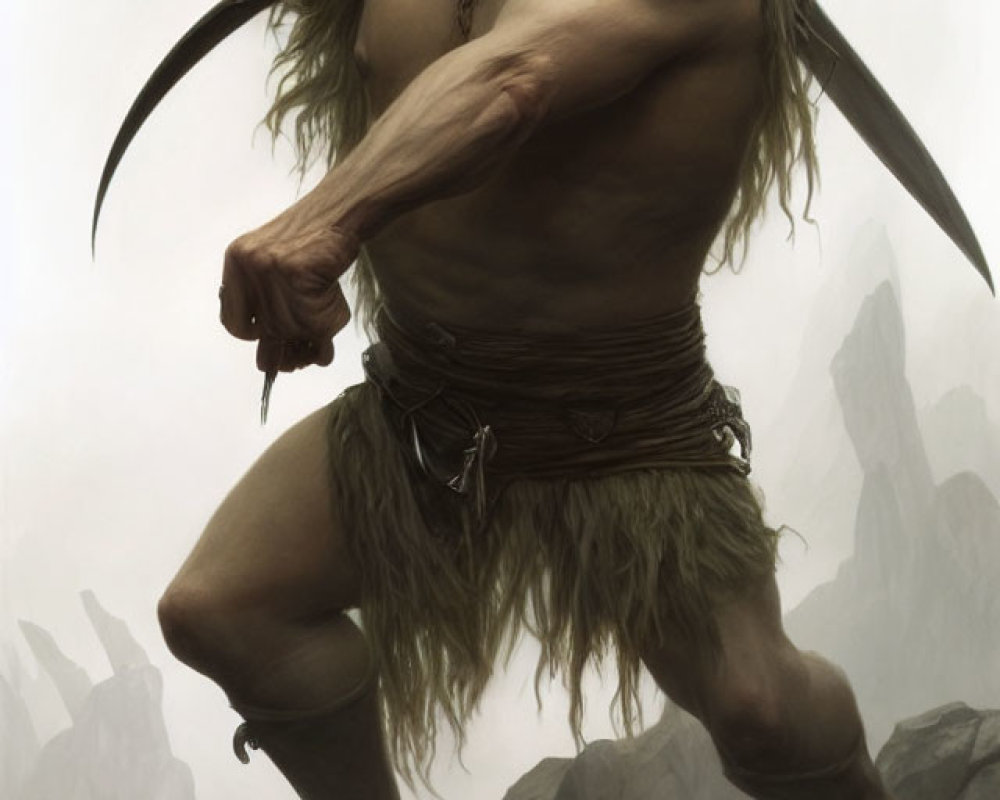 Muscular orc with tusks in loincloth ready for battle against misty rocks