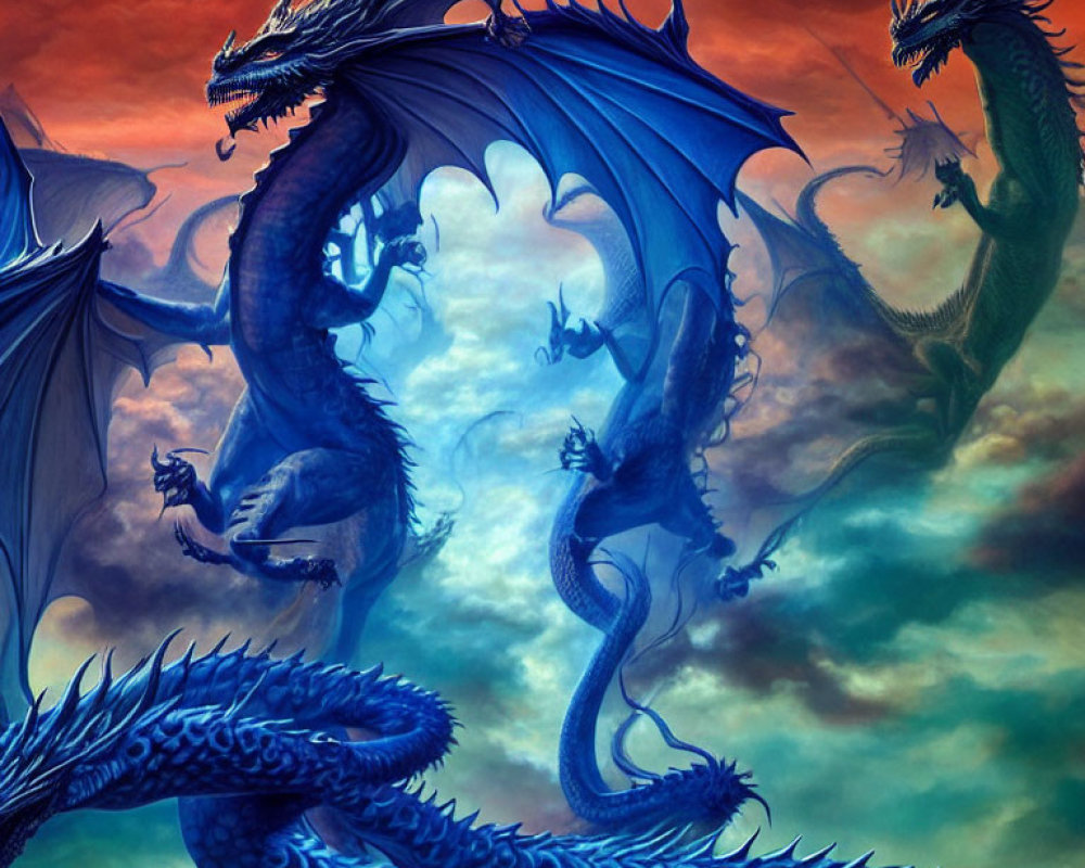 Three Blue Dragons in Dramatic Sky with Towering Wings