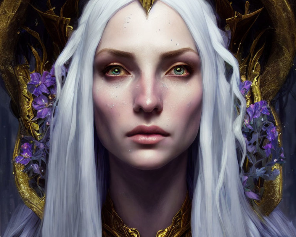 Portrait of woman with pale skin, green eyes, white hair, golden crown, purple flowers on dark