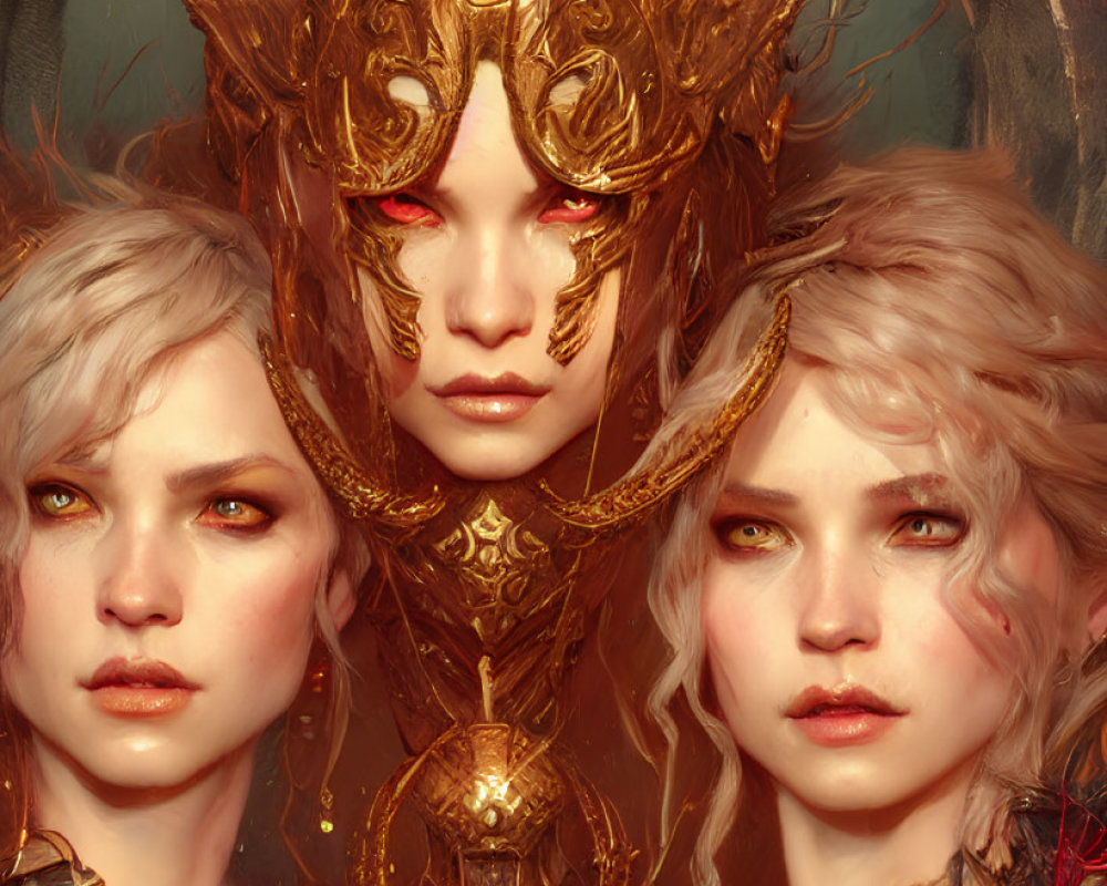 Three fantasy characters in ornate golden headgear with intricate designs, enveloped in a warm, red