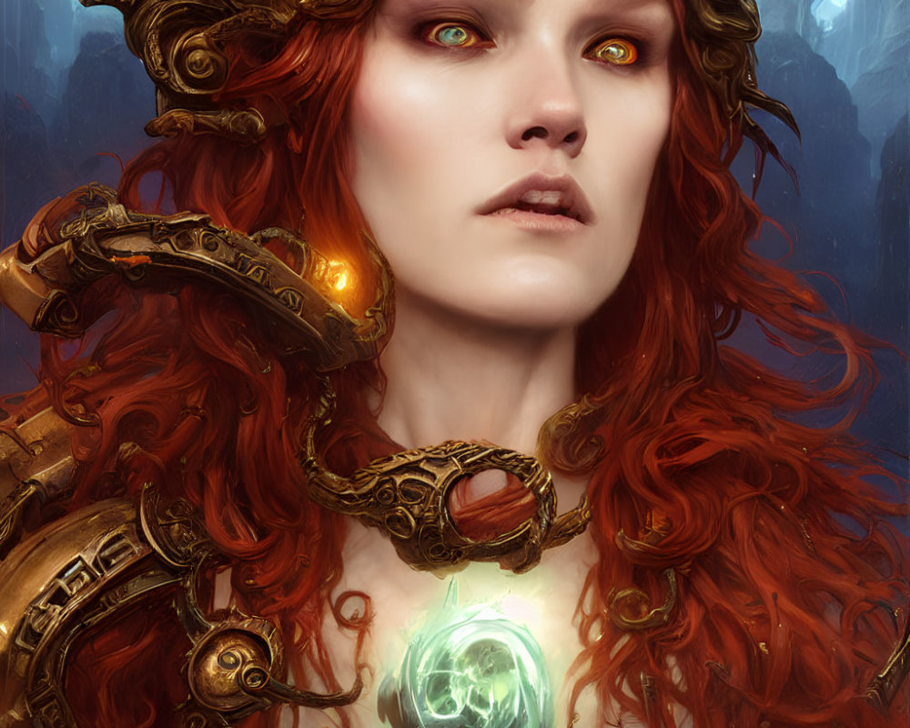Fantasy portrait of a woman with glowing green eyes and ornate golden headpiece